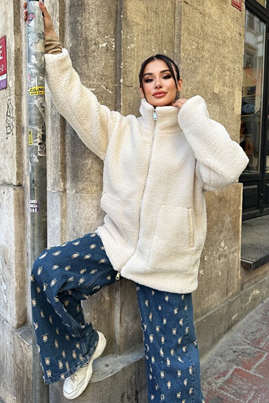 Bej Dik Yakalı Cepli Kadın Peluş Mont