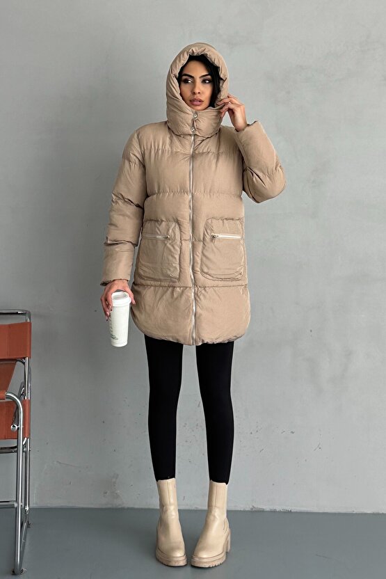 Kadın Kapüşonlu Şişme Uzun Mont