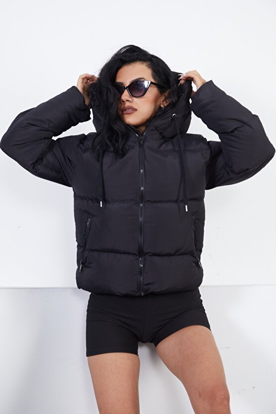 Kadın Kapüşonlu Şişme Mont - Yakası Bağcıklı