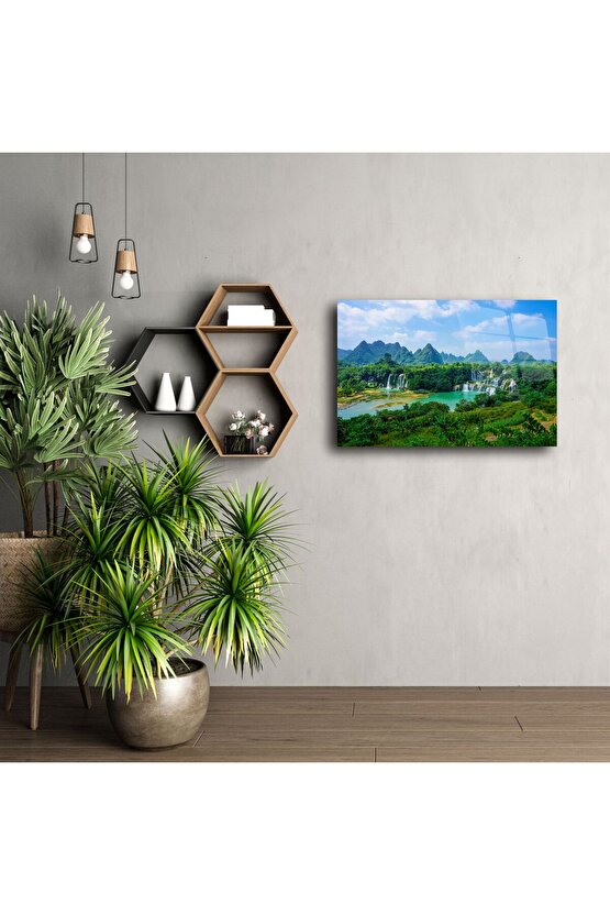 Tropikal Şelale Manzaralı Cam Tablo