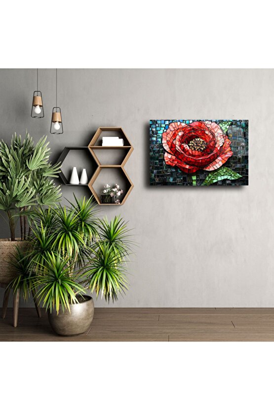 Kırmızı Gül Mozaik Cam Tablo