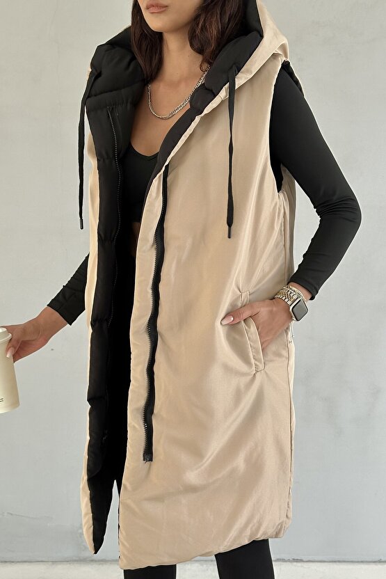 Kadın Çift Taraflı Uzun Şişme Yelek Kapüşonlu Oversize - Siyah, Bej