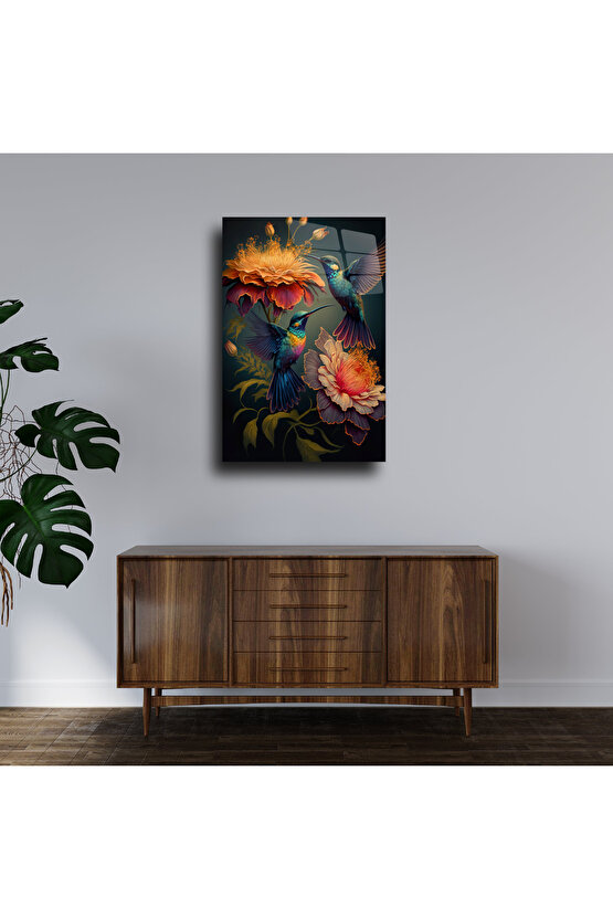 Sinek Kuşları ve Çiçekler Cam Tablo Duvar Dekoru