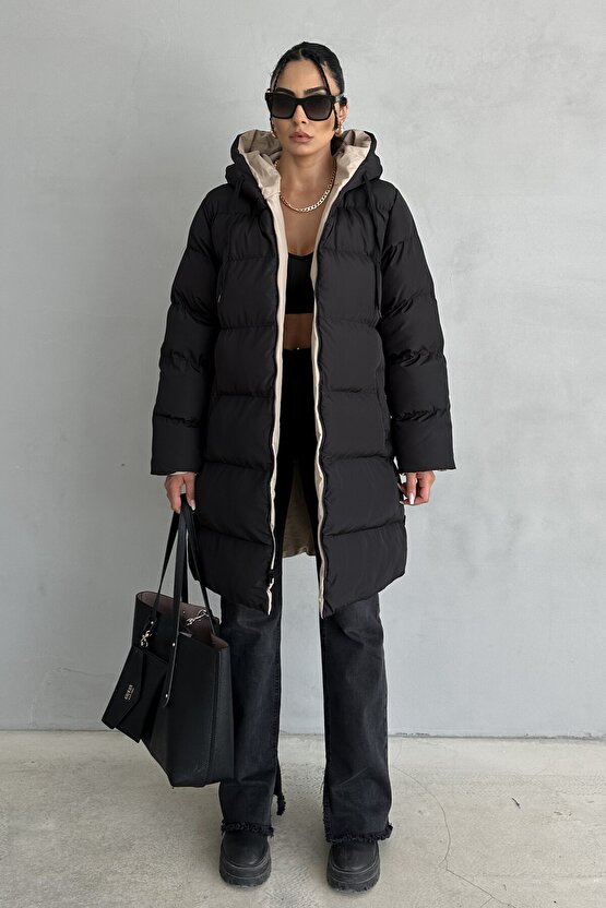 Çift Taraflı Oversize Kadın Şişme Mont – Kapüşonlu Regular Fit, SiyahBej