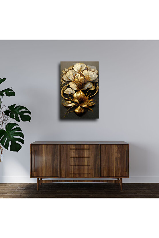 Altın Saksıda Beyaz Çiçekler Cam Tablo Duvar Dekoru