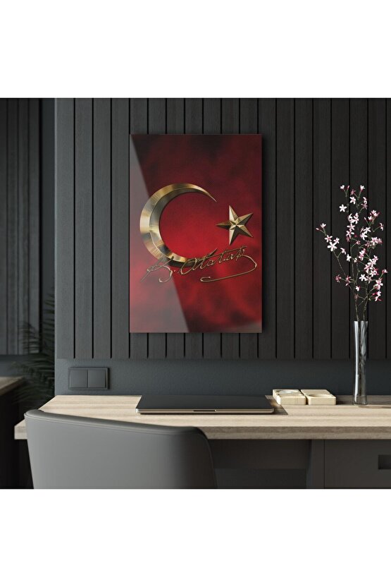 Atatürk Imzası Ve Türk Bayrağı Salon Duvar Cam Tablo Dekoru, Atatürk Tablo, Duvar Süsü