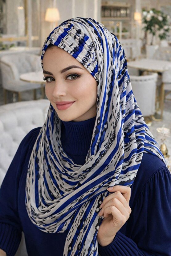 Mavi Beyaz Desenli Hazır Şal