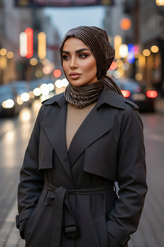 Füme Çizgili Kadife Bere Ve Etol Takım