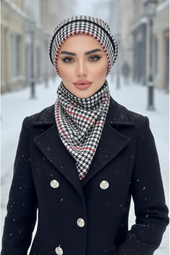 Siyah Kırmızı Kazayağı Tesettür Bere ve Etol Takım