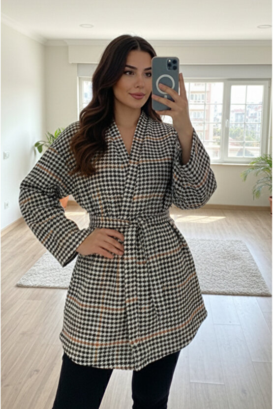 Siyah Taba Kaşe Kazayağı Desen Kuşaklı Kimono Ceket  Kışlık Ürün