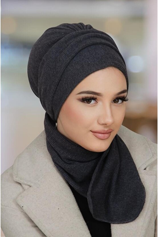 Antrasit Triko Atkılı Tesettür Bone