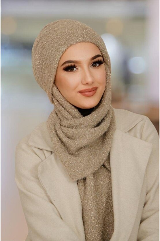 Taş Rengi Kışlık Kelebek Bone Şal