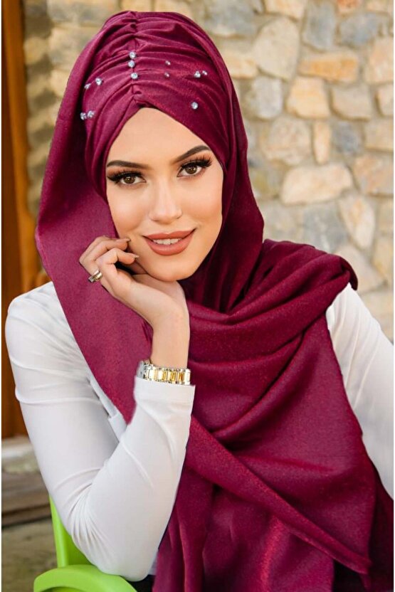 Mürdüm Işıltılı Taşlı Abiye Şal