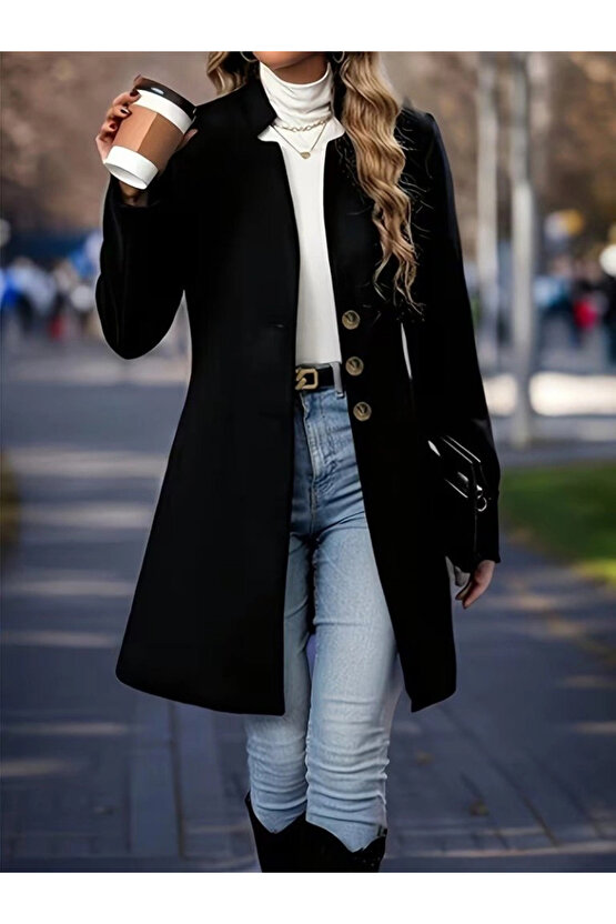 Kadın Uzun Kollu Hakim Yakalı önden Düğmeli Ithal Kaşe Astarsız Kısa Kaban