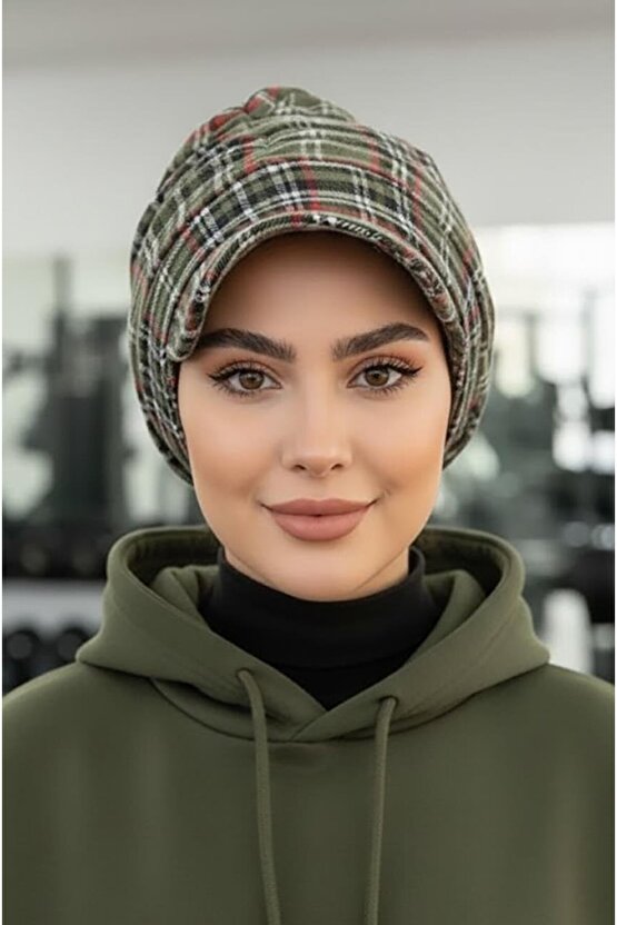 Haki Ekose Desen Tesettür Şapka