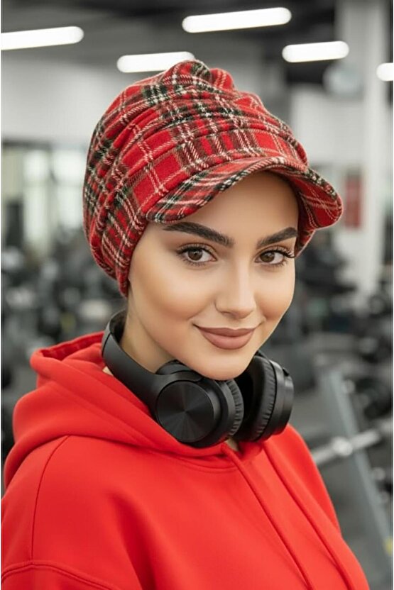 Kırmızı Ekose Desen Tesettür Şapka