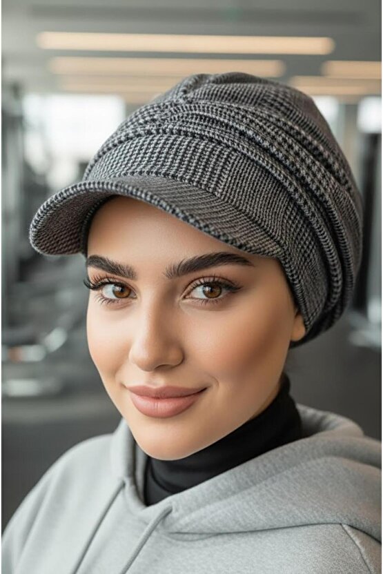 Gri Siyah Ekose Desen Tesettür Şapka