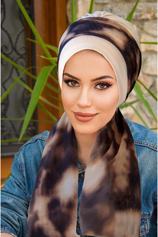 Kemik Kahve Batik Desen Fularlı Bone