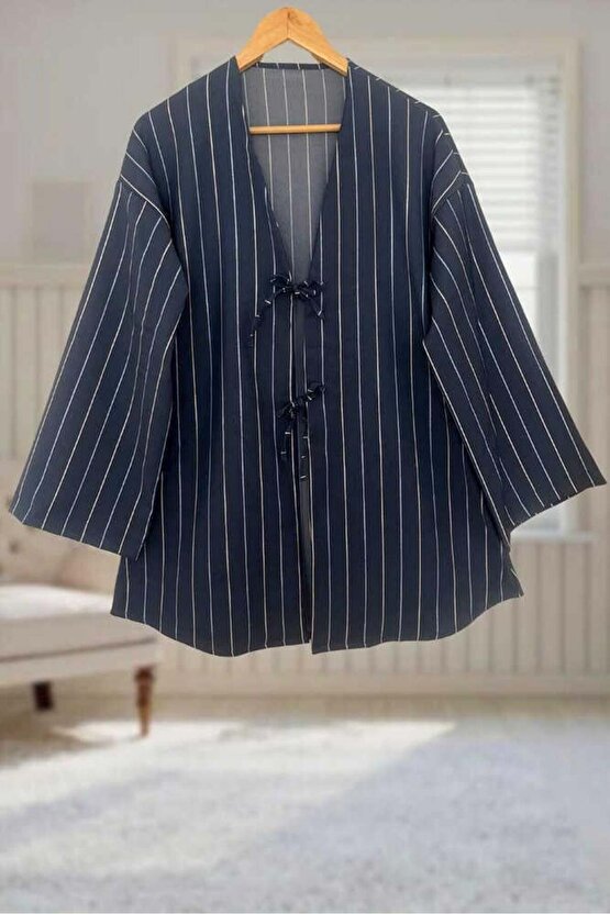 Kot Mavi Çizgili Önü Bağlamalı Kimono Tunik  85 CM BOY
