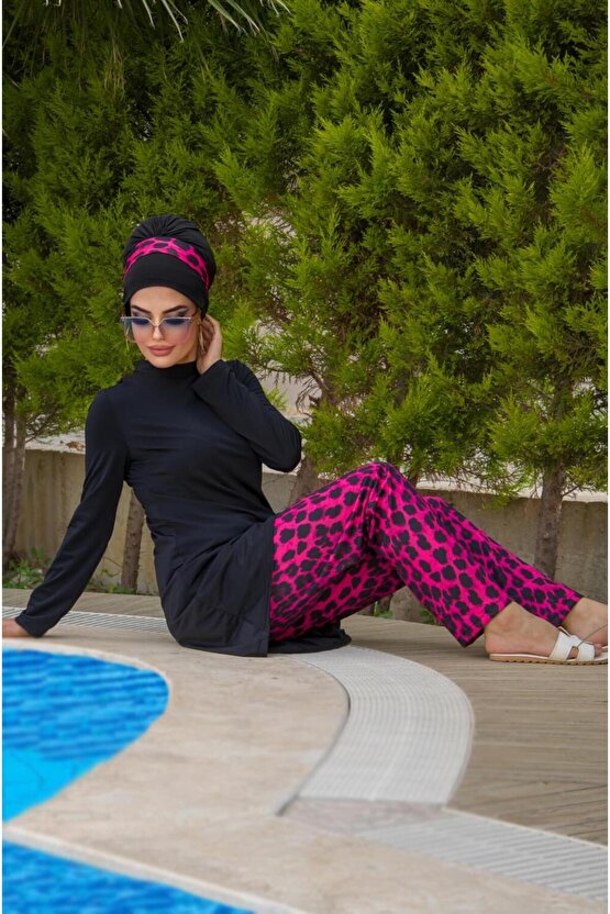 Siyah Fuşya Leopar Tesettür Mayo