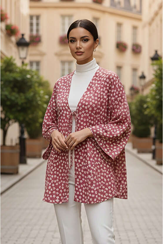 Pudra Çiçekli Önü Bağlamalı Kimono Tunik  Ütü İstemez 85 CM BOY