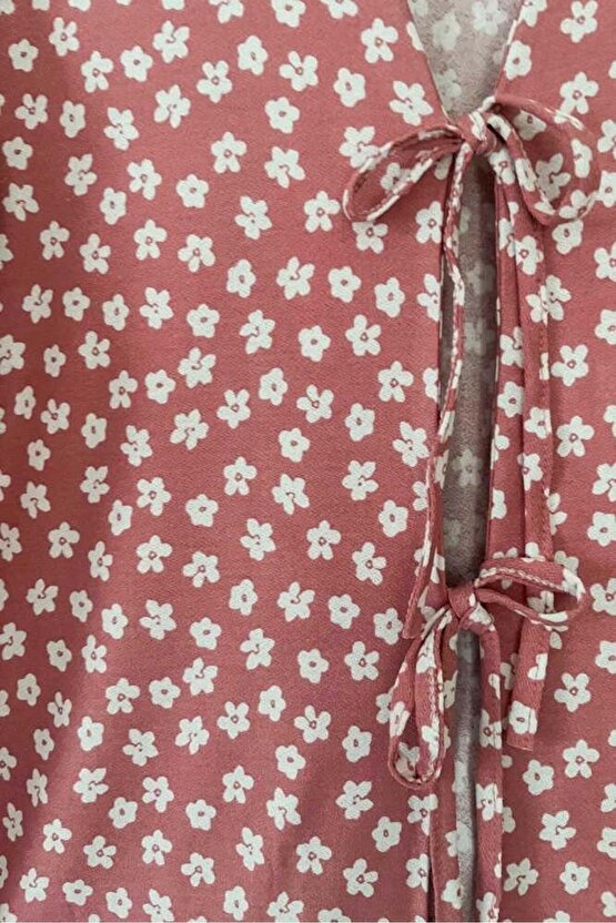 Pudra Çiçekli Önü Bağlamalı Kimono Tunik  Ütü İstemez 85 CM BOY