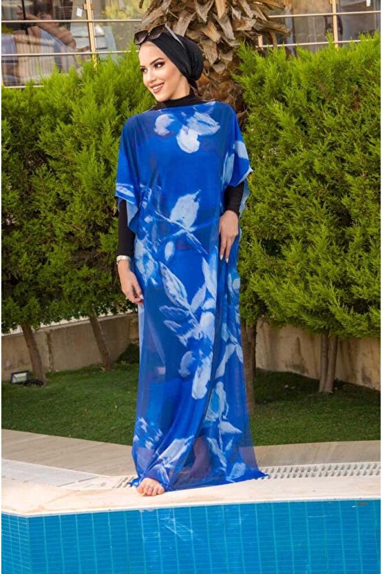 Saks Mavi Desenli Tesettür Pareo