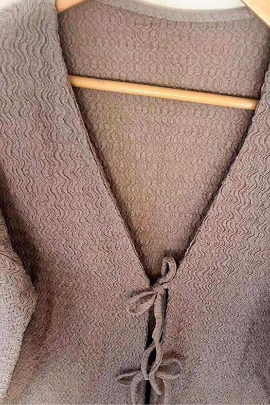 Taş Rengi Önü Bağlamalı Kimono Tunik  Likralı Ütü İstemez Kumaş