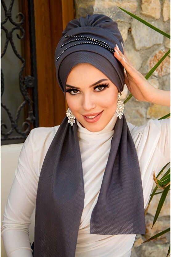 Füme Taşlı Atkılı Abiye Bone