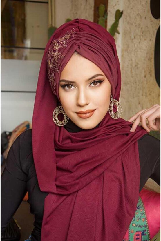 Bordo Güpürlü Abiye Şal