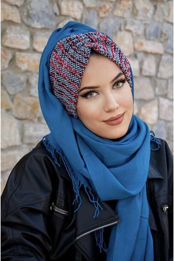 Petrol Mavi Renkli Hazır Şal