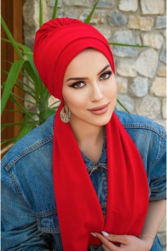 Kırmızı Atkılı Tesettür Bone