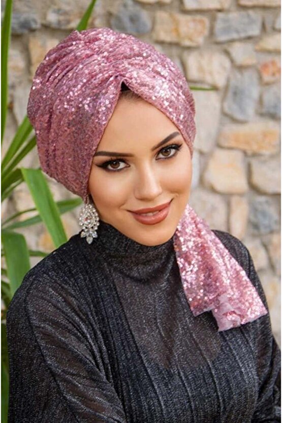 Pudra Payetli Abiye Tokalı Bone