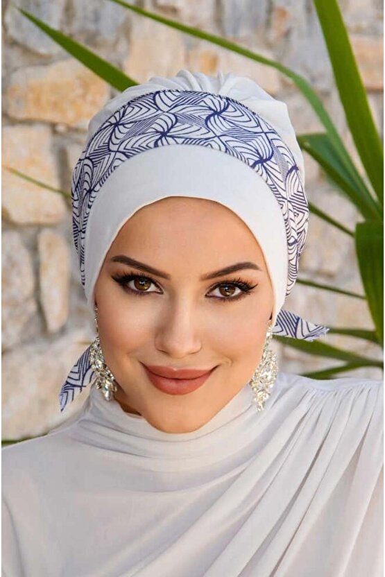 Beyaz Lacivert Spiral Desen Bantlı Bone