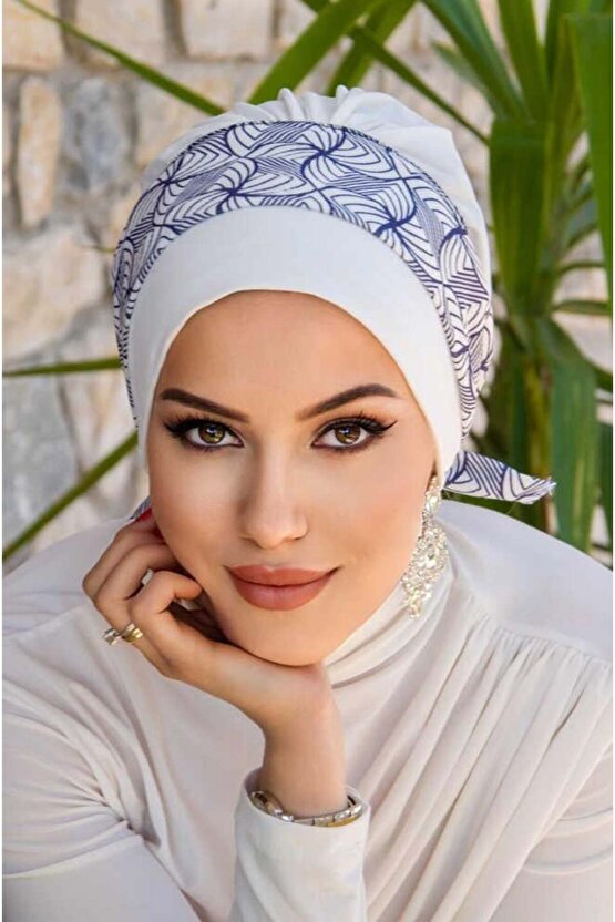 Beyaz Lacivert Spiral Desen Bantlı Bone