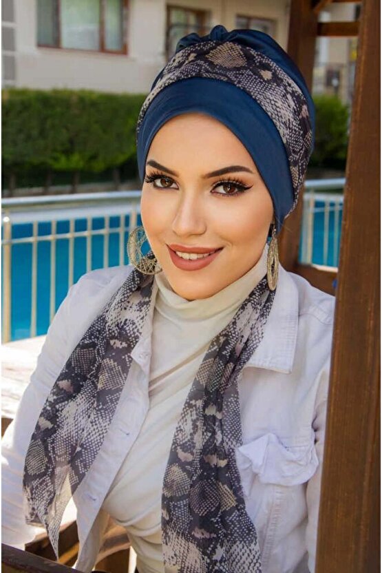 Lacivert Yılan Derisi Desen Fularlı Bone