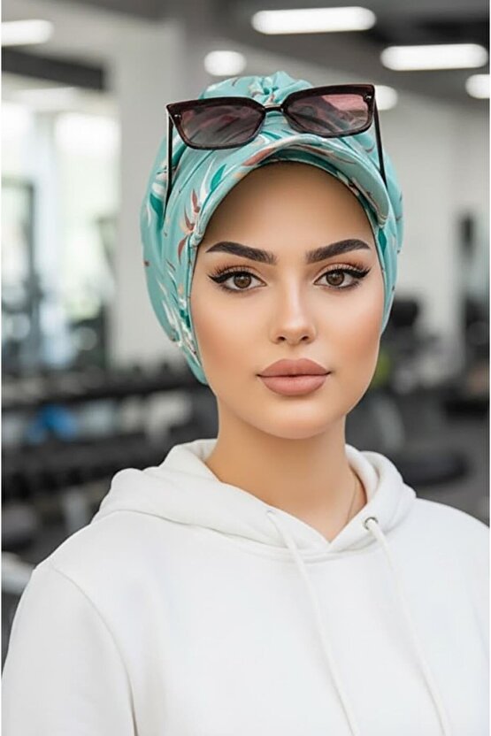 Mint Desenli Tesettür Şapka Bone