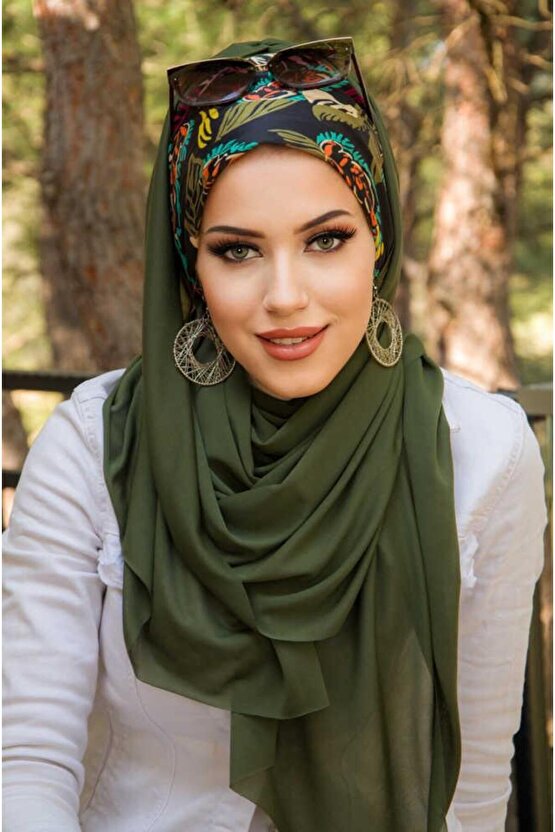 Haki Siyah Yaprak Desen Bone Hazır Şal