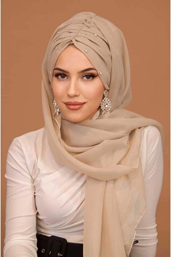 Kemik Rengi Taşlı Büzgü Model Hazır Abiye Şal