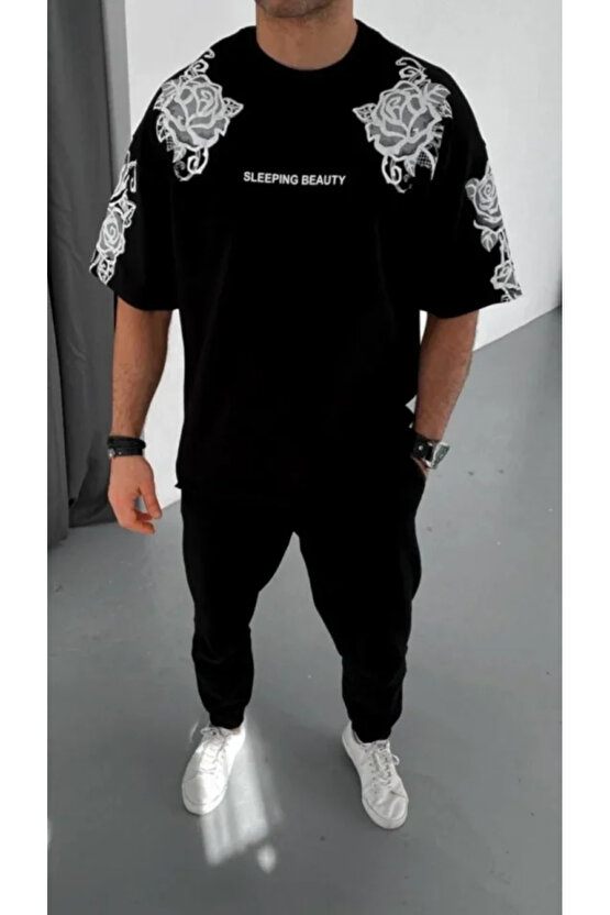 Kendim Fashion Unisex Flok Kabartma Baskılı T-Shirt - Siyah