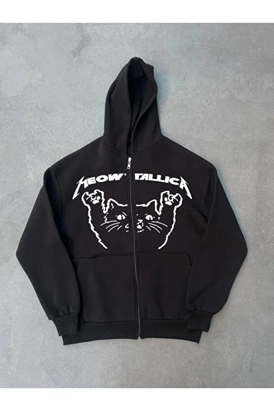 Baskılı Fermuarlı Kapüşonlu Hırka - Siyah