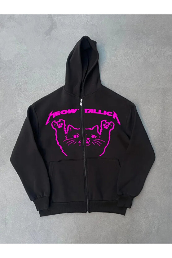 Baskılı Fermuarlı Kapüşonlu Hırka - Siyah