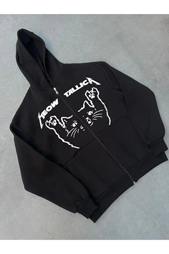 Baskılı Fermuarlı Kapüşonlu Hırka - Siyah