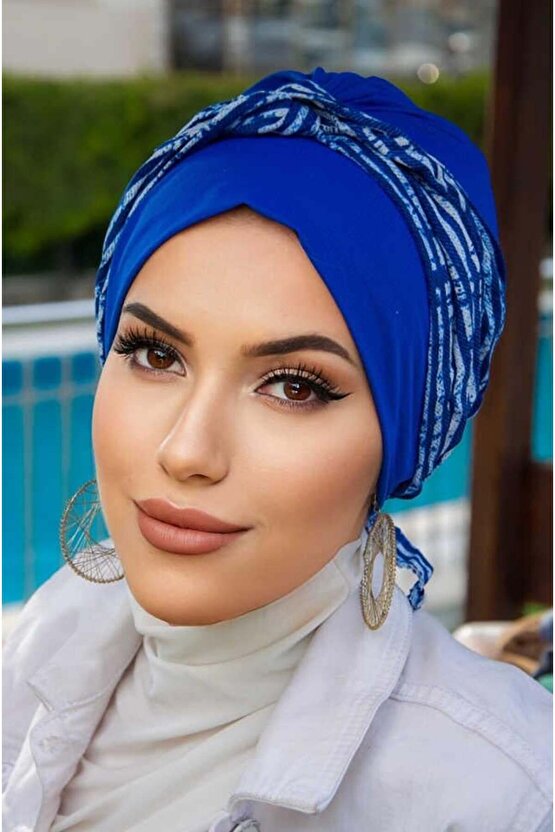 Saks Mavi Çizgili Burgu Bantlı Hazır Bone