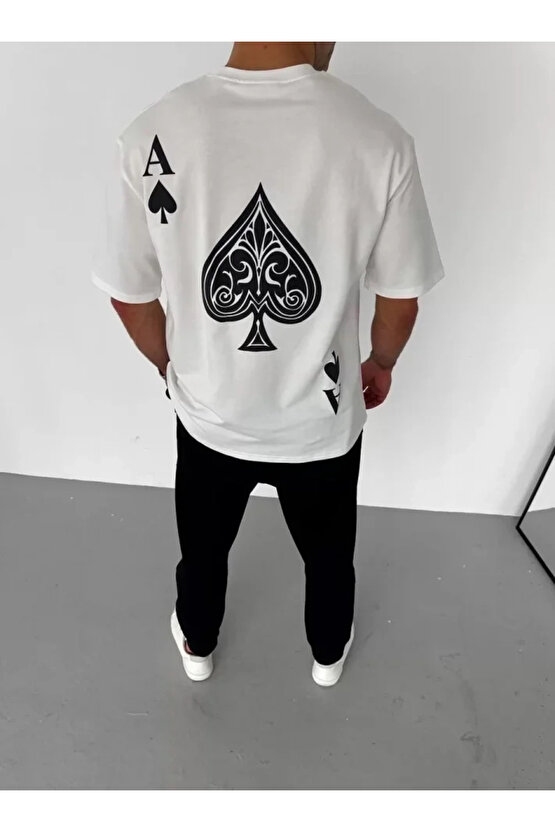 Unisex Bisiklet Yaka Baskılı Oversize T-Shirt - Beyaz