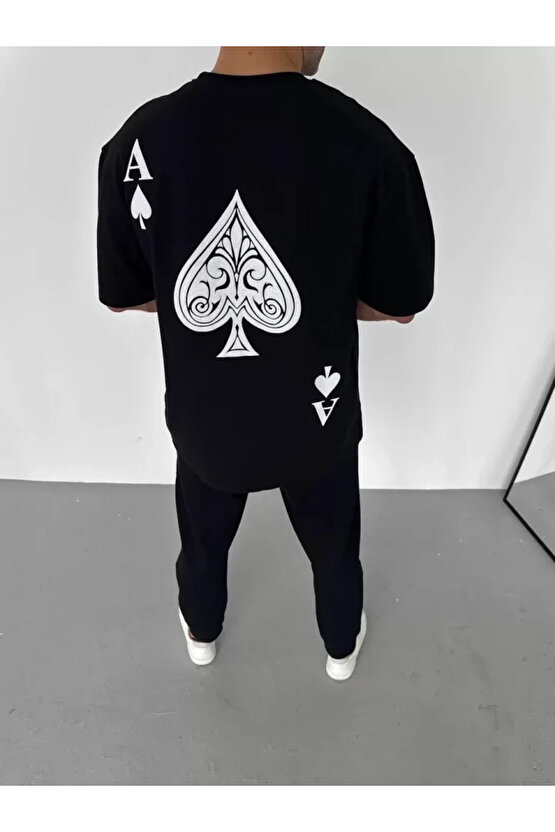 Unisex Bisiklet Yaka Baskılı Oversize T-Shirt - Siyah