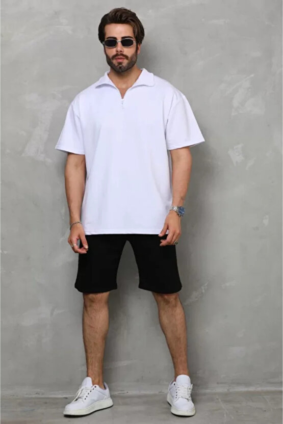 Dua Giyim Unisex Yarım Fermuarlı Düz Oversize T-shirt - Beyaz