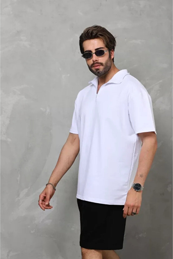 Dua Giyim Unisex Yarım Fermuarlı Düz Oversize T-shirt - Beyaz