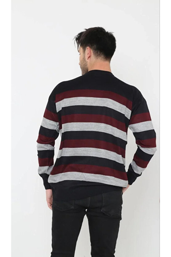 Unisex Kalın Çizgili Bisiklet Yaka Triko Kazak - Gri