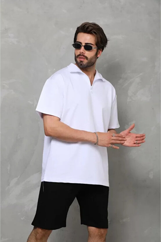 Dua Giyim Unisex Yarım Fermuarlı Düz Oversize T-shirt - Beyaz